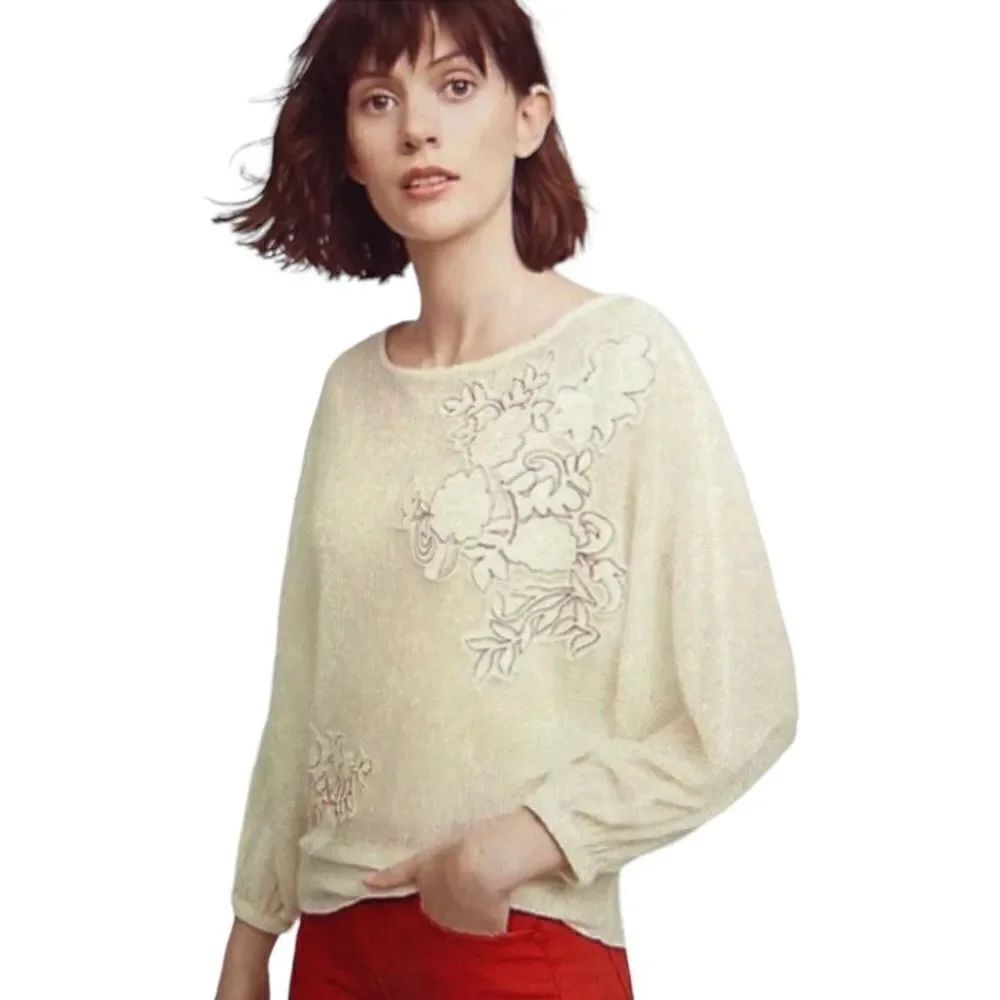 AKEMI + KIN ANTHROPOLOGIE Womens Poet Lace Floral Dolman Sleeve Top Cream Medium